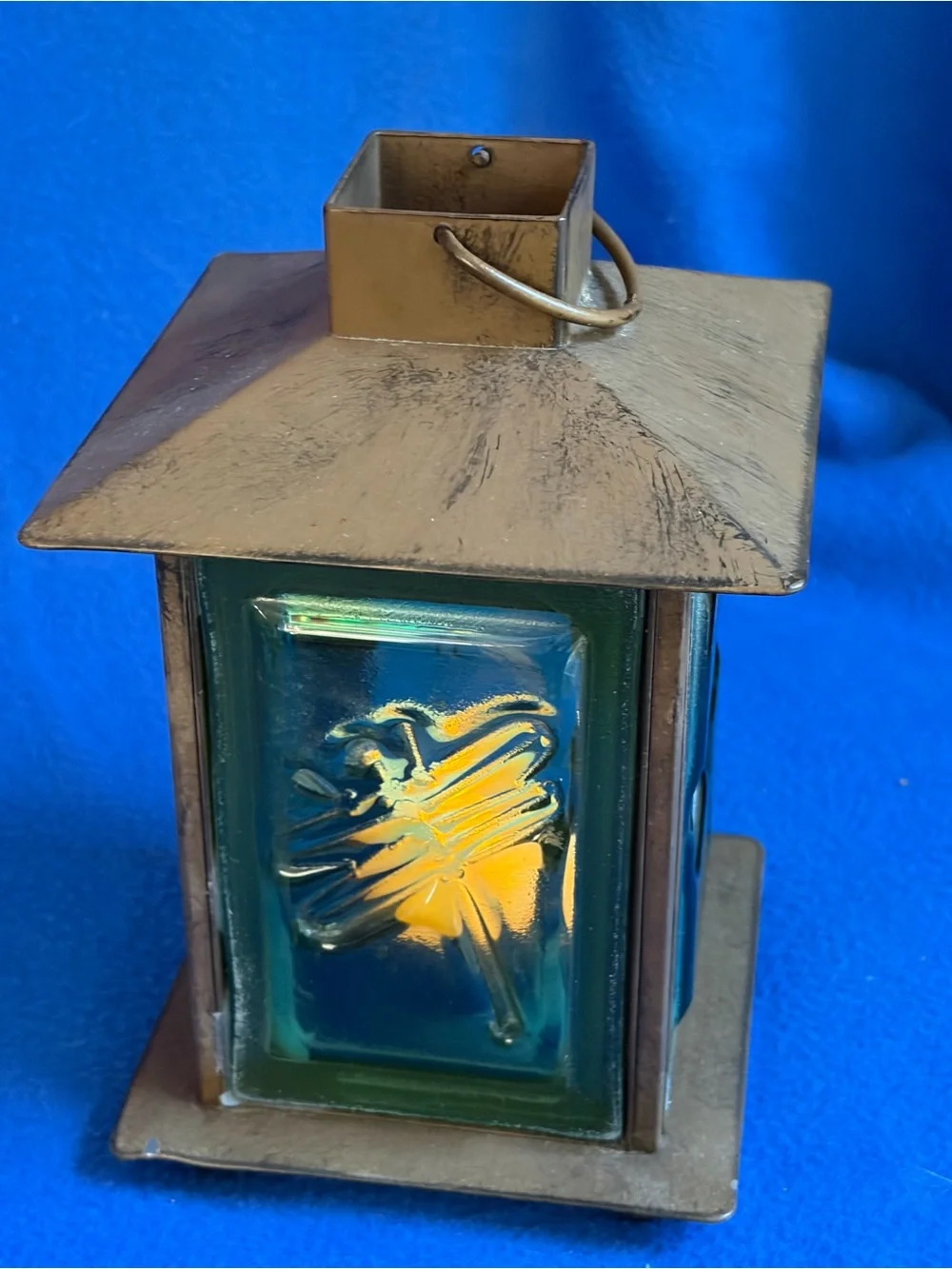 Rustic Bronze Dragonfly Glass Panel Lantern Rare Find- Unbranded vintage